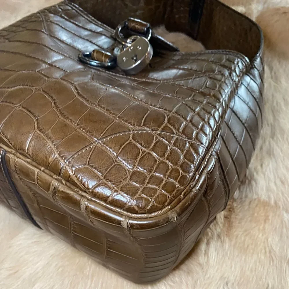 Ralph Lauren Collection Made in Italy Brown Alligator Soft Side Hobo Hand Bag - Picture 13 of 16